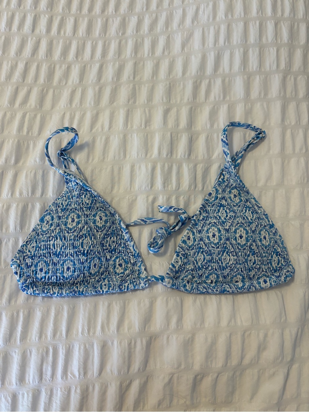 Blue Patterned Smocked Triangle Bikini Top